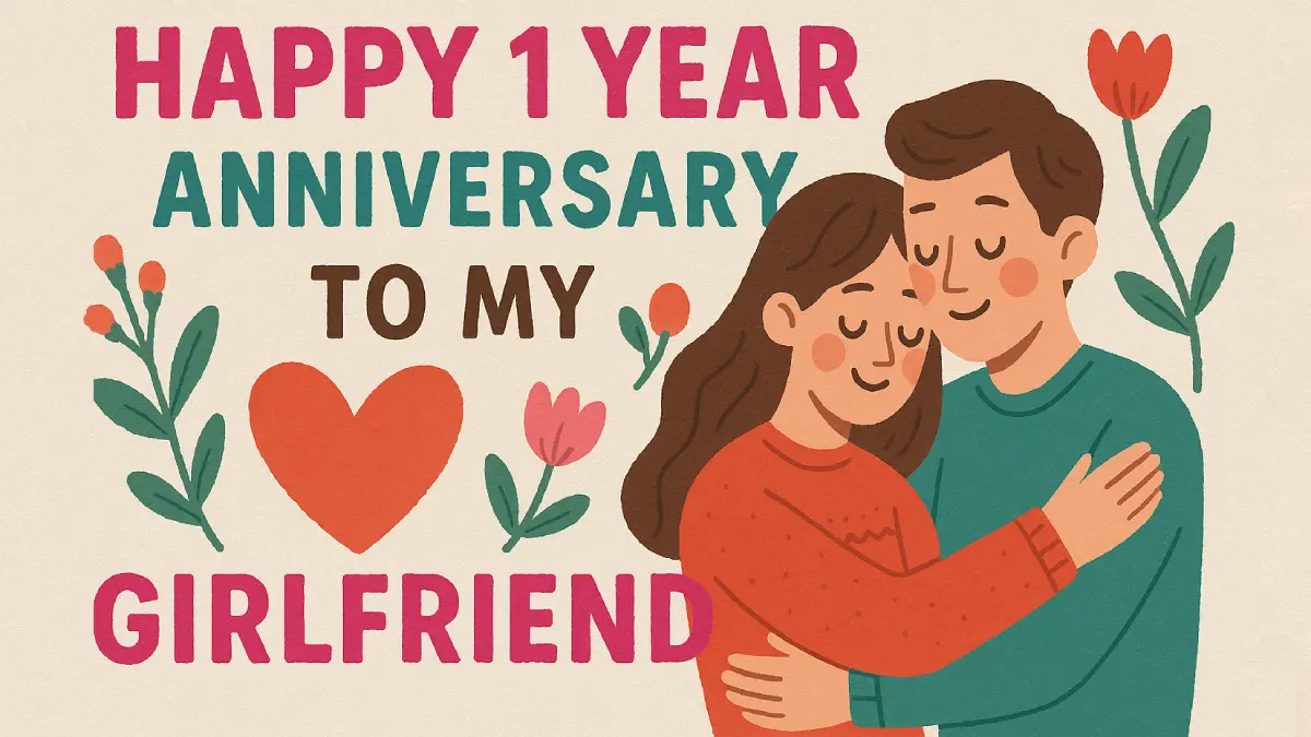 1 Year Relationship Anniversary Message For Your Girlfriend Illustrated poster-style image with the message "Happy 1 Year Anniversary to My Girlfriend," featuring a smiling couple embracing, surrounded by flowers and hearts — perfect for a 1 Year Relationship Anniversary Message For Your Girlfriend.