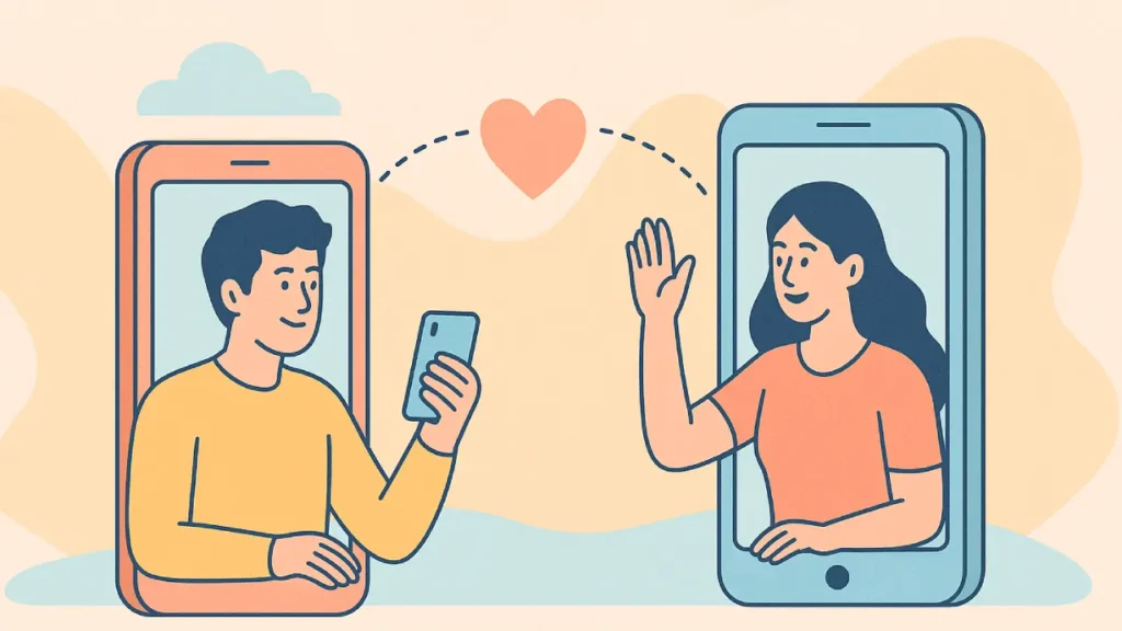 Learn How To Survive A Long Distance Relationship Illustration of a couple in a long-distance relationship communicating through smartphones, each inside a large phone screen, with a heart floating between them. The man holds a phone and smiles, while the woman waves, both set against a soft pastel background with clouds and abstract shapes.