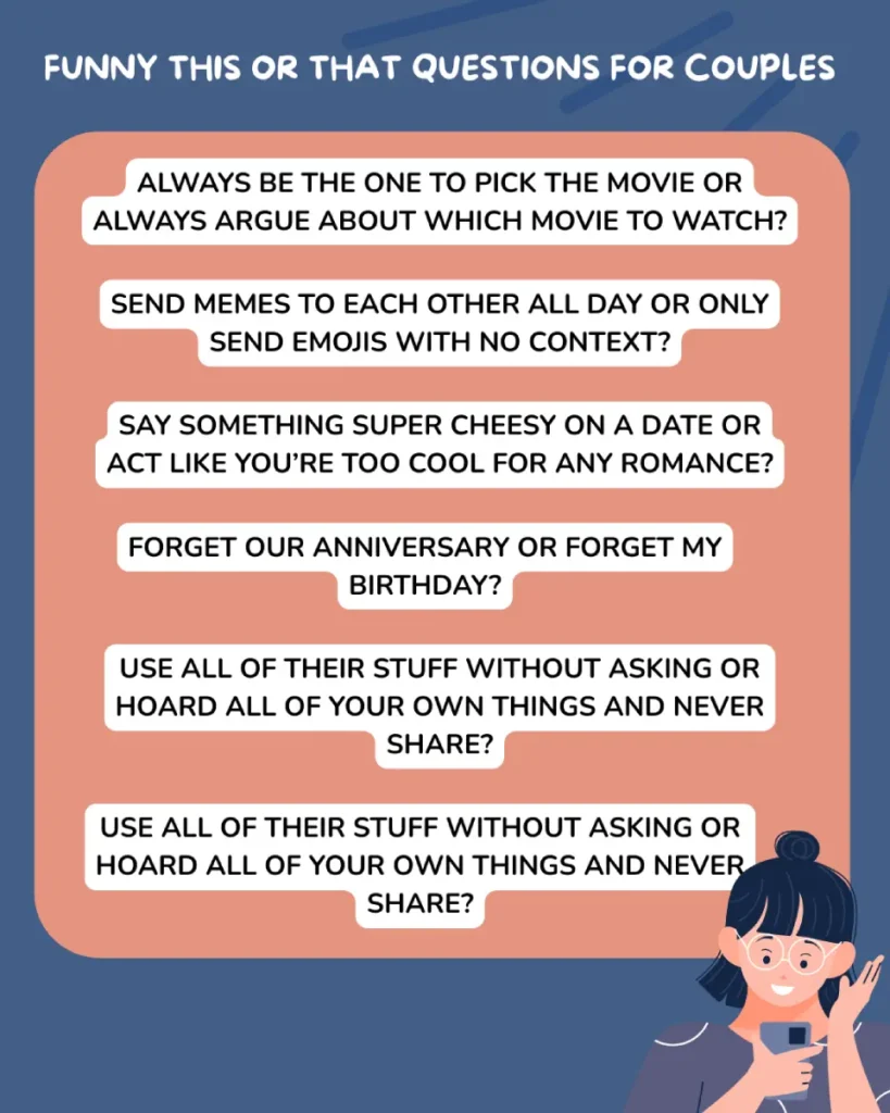 280 Fun and Engaging This or That Questions for Couples This Picture has some Funny This or That Questions to ask your partner.