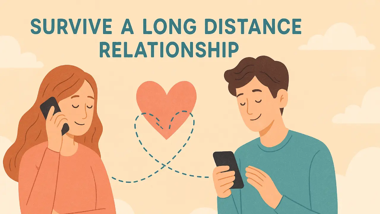 Learn How To Survive A Long Distance Relationship Illustration of a couple in a long-distance relationship using phones to communicate, with a pastel peach background, soft clouds, and a heart connecting them with a dotted line. The woman is on the left, smiling while holding her phone to her ear, and the man is on the right, looking at his phone. Text above reads 'Survive a Long Distance Relationship' in bold teal letters.