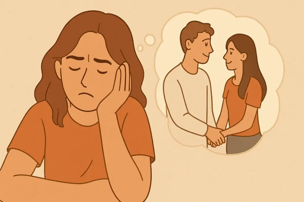 How to Know If You’ll Regret Breaking Up With Your Boyfriend A soft-toned illustration of a woman lost in thought, sitting alone with a distant gaze. She visualizes her boyfriend happily laughing and holding hands with someone new.