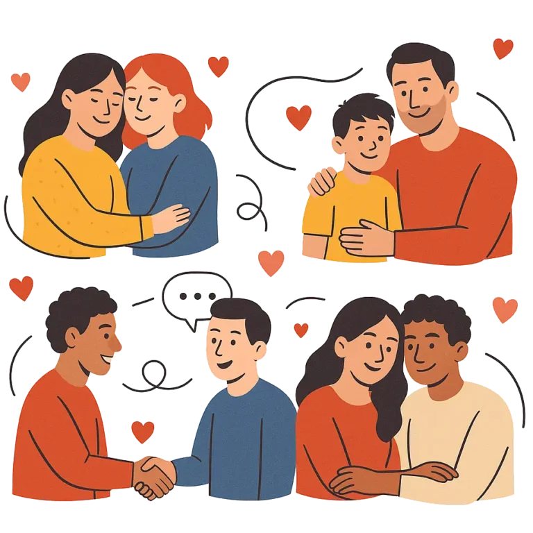 About interloved Illustration showing diverse relationships including a same-sex couple, a father and son, two friends shaking hands, and a romantic couple, all connected by hearts and lines on a white background
