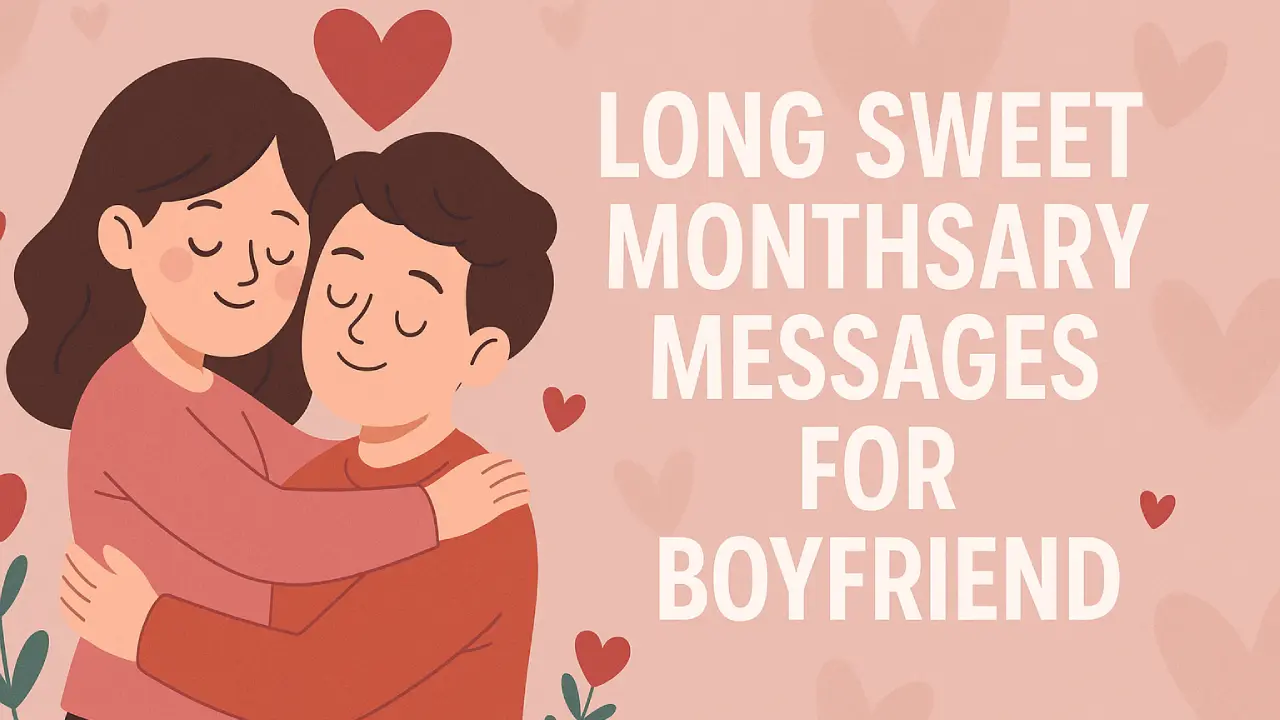 Sweet Monthsary Messages For Boyfriend To Make Him Smile Illustration of a smiling couple embracing on a warm peach background decorated with heart shapes. The man wears a dark red-orange sweater and the woman wears a light pink top. Text on the right reads SWEET MONTHSARY MESSAGES FOR BOYFRIEND surrounded by small hearts and flowers.