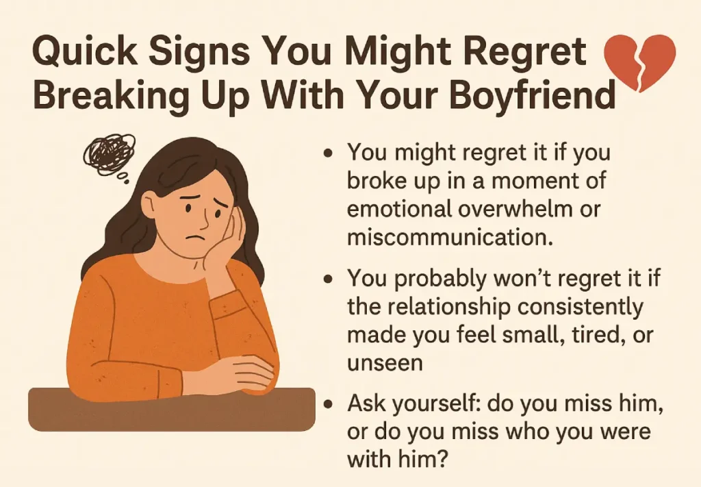 How to Know If You’ll Regret Breaking Up With Your Boyfriend An infographic titled "Quick Signs You Might Regret Breaking Up With Your Boyfriend" features a sad young woman with long dark hair wearing an orange sweater, resting her head on her hand, with a scribble thought bubble above her. On the right side, three bullet points explain signs of breakup regret: breaking up in emotional overwhelm or miscommunication, not regretting if the relationship made you feel small or unseen, and questioning whether you miss the person or who you were with them. The background is light beige with clean, minimalist design.
