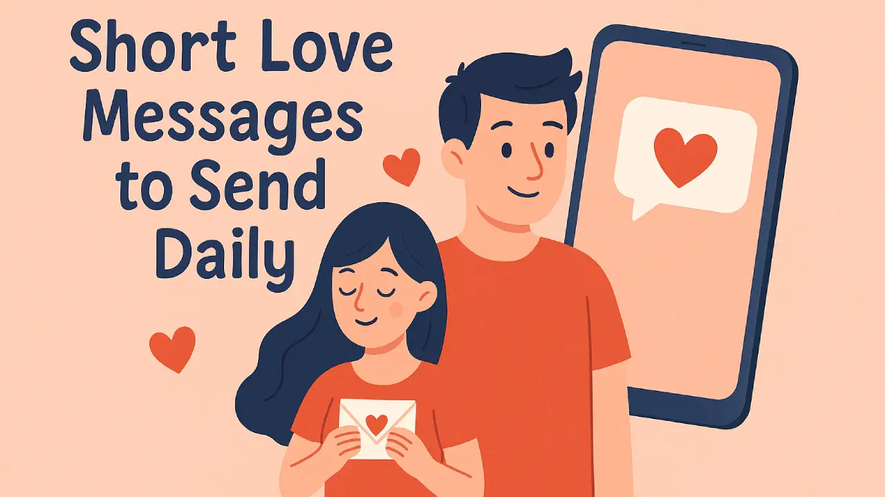 100 Short Love Messages to Send Daily - Fresh Love Texts A flat-style digital illustration featuring a smiling boy and girl side by side. The girl holds an envelope with a heart, and the boy stands behind her. A smartphone with a heart message appears behind them. The title "Short Love Messages to Send Daily" is displayed in bold dark blue text on the left. The background is peach with scattered red hearts.