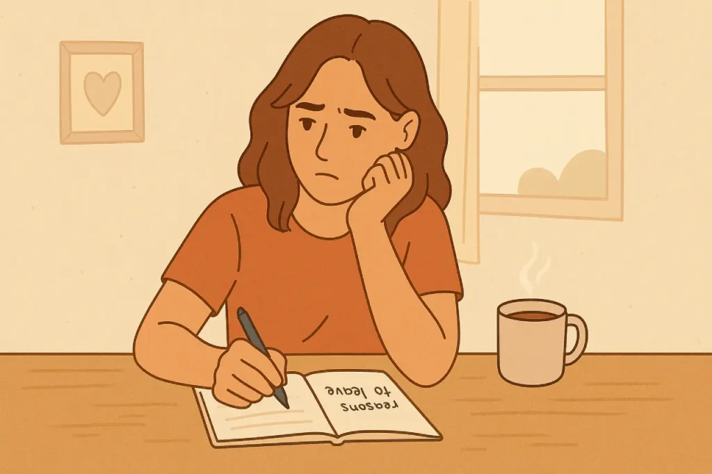 How to Know If You’ll Regret Breaking Up With Your Boyfriend A warm, muted digital illustration of a young woman sitting alone at a table, deep in thought. She holds a pen over an open journal, struggling to put into words the true reasons she’s considering ending her relationship, reflecting on emotional safety, love, and fear of heartbreak.