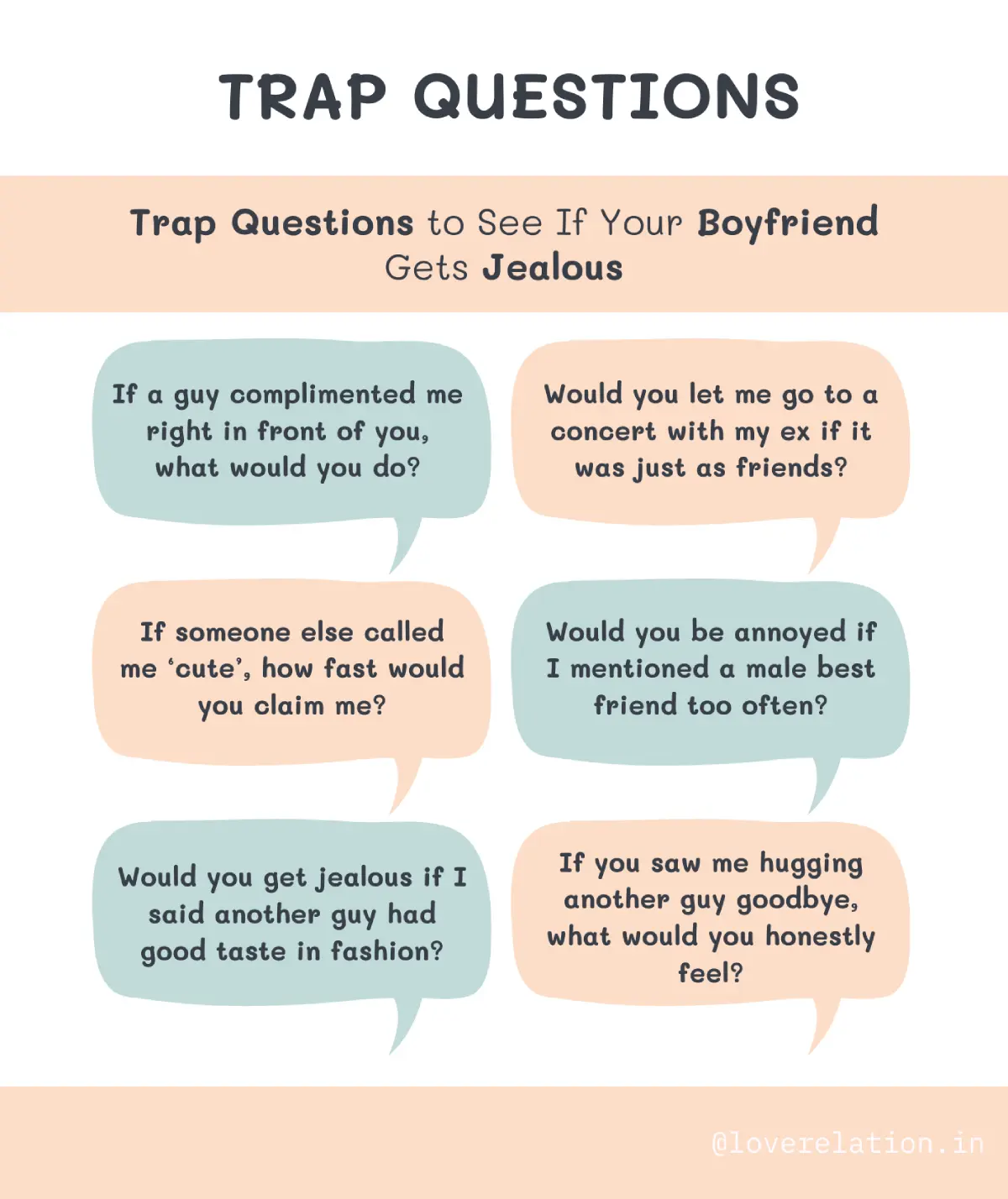 100 Trap and Trick Questions to Ask Your Boyfriend A Image with different Trap Questions To see if your boyfriend gets Jealous. Each questions are in callout message style.