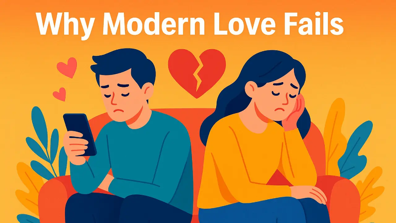 Why Modern Love Fails - A Wake-Up Call for Disconnection "A conceptual illustration titled 'Why Modern Love Fails' depicting fragmented heart symbols, digital devices like smartphones, and distant silhouettes of couples, symbolizing disconnection and challenges in modern relationships."
